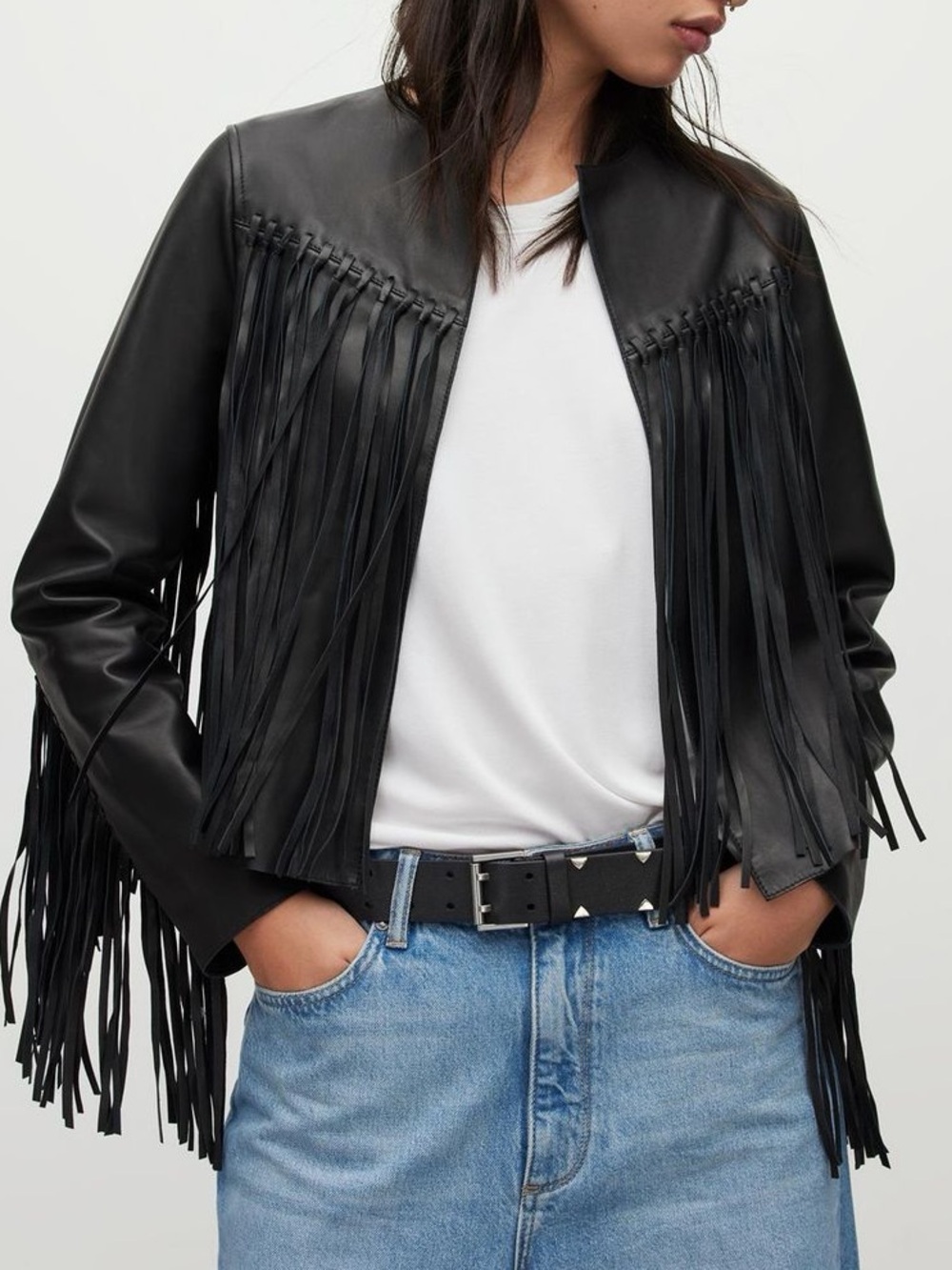 ALL SAINTS REEMA FRINGED LEATHER TASSEL JACKET BLACK - 6